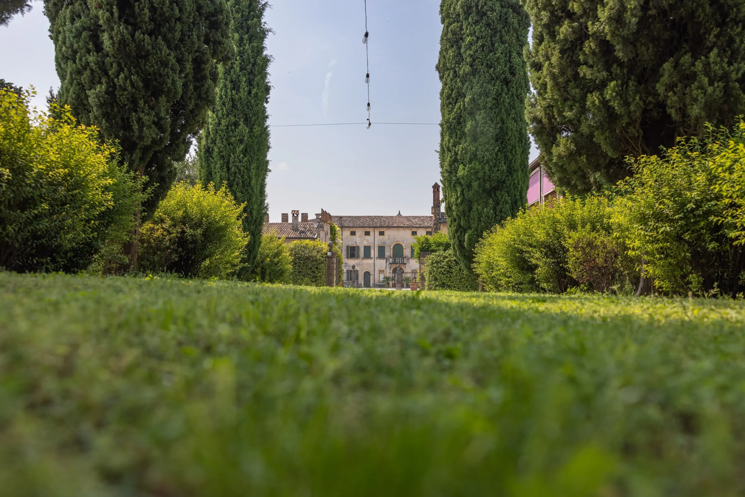 Viale alberato della Tenuta Fumanelli con vista sulla facciata storica immersa nel verde della Valpolicella.