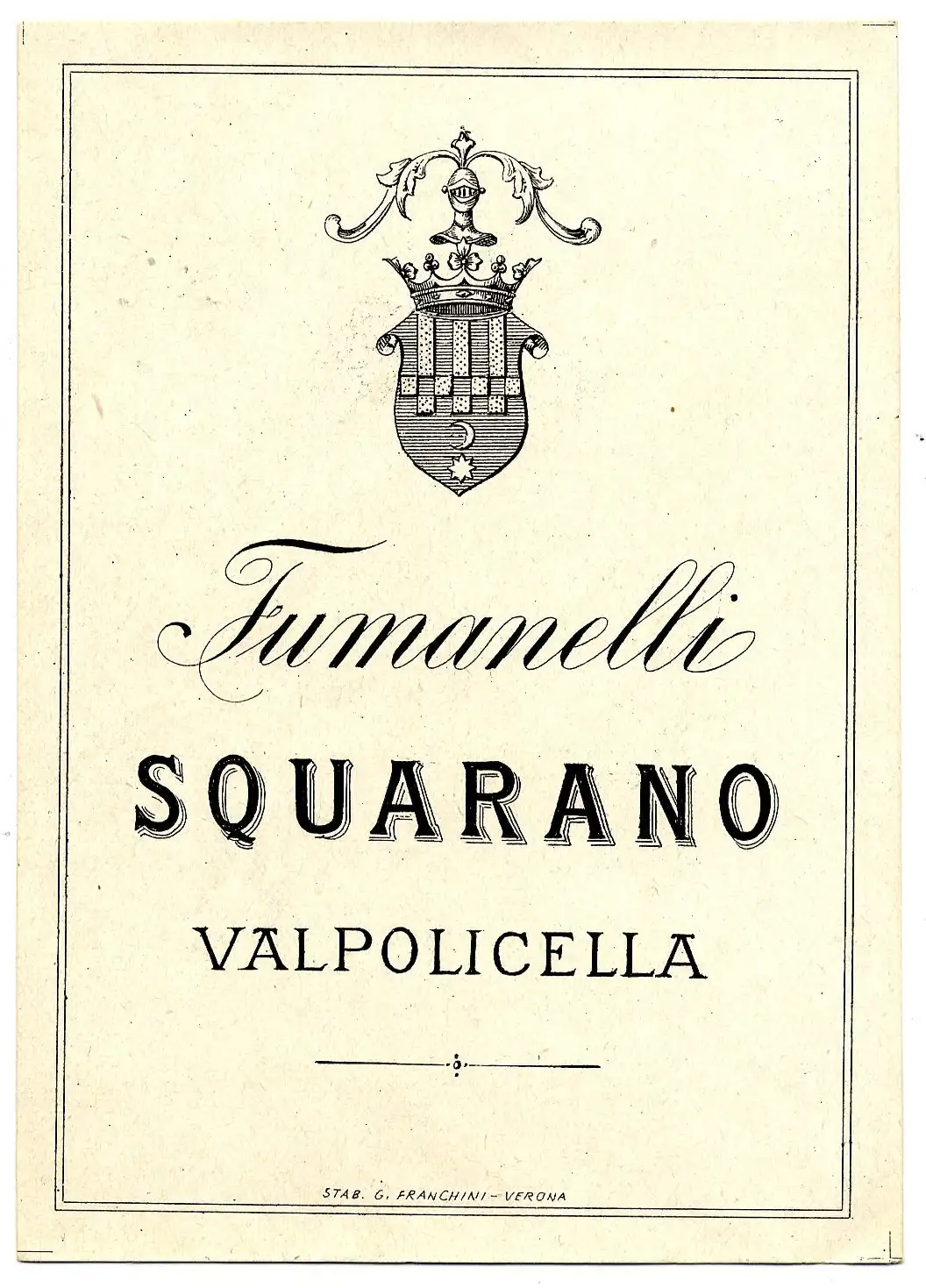 Etichetta storica vino Fumanelli Squarano Valpolicella, design classico con stemma di famiglia.