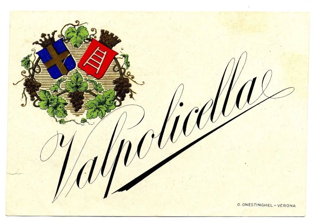 Illustrazione storica Valpolicella con stemmi nobiliari e grappoli d’uva.