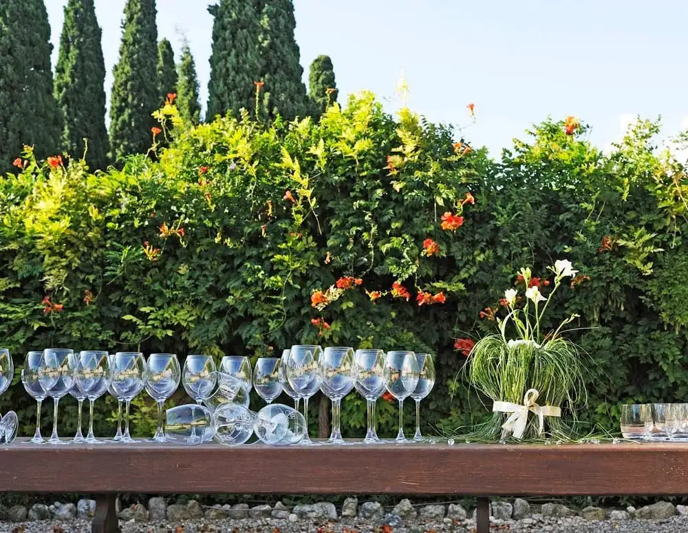 Bicchieri da degustazione all’aperto con decorazioni floreali