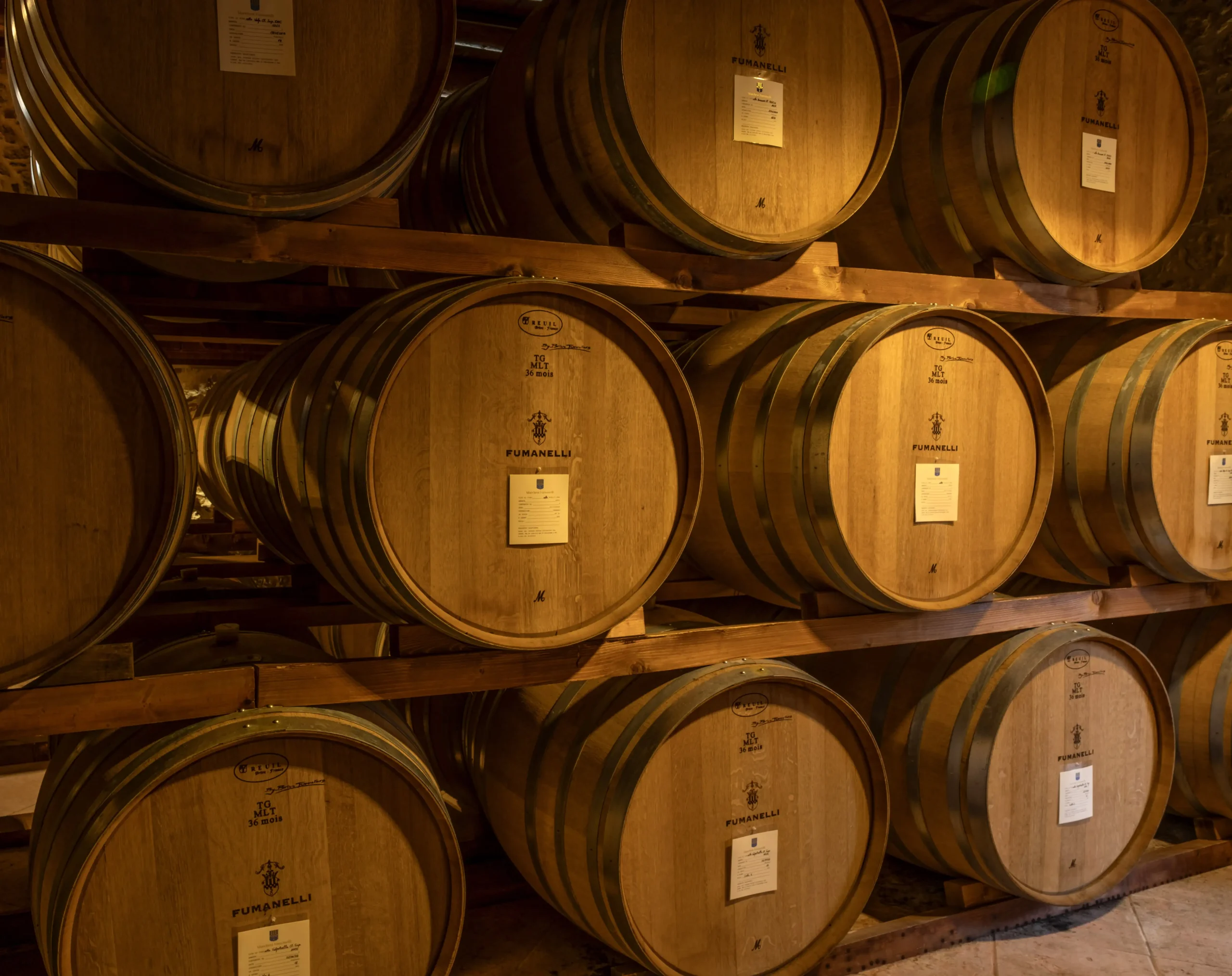 Botti in legno per l’affinamento dei vini Fumanelli nella cantina della Valpolicella