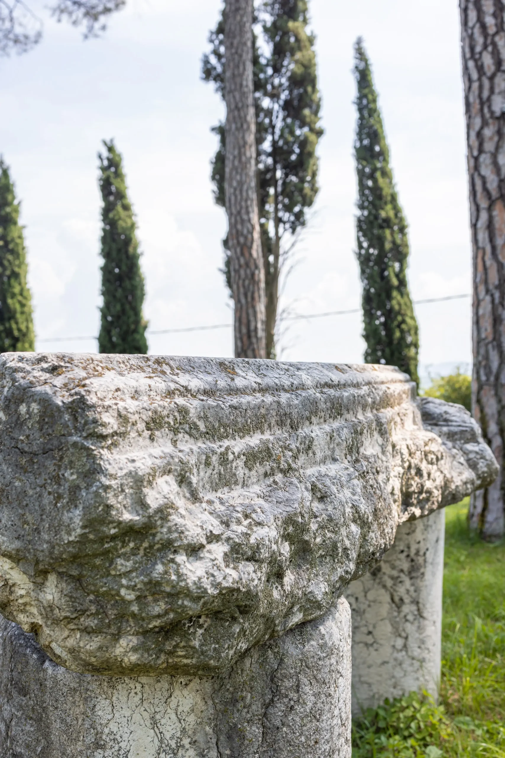 Rovine romane di Fumanelli, colonna in pietra con capitello deteriorato immersa nel verde.